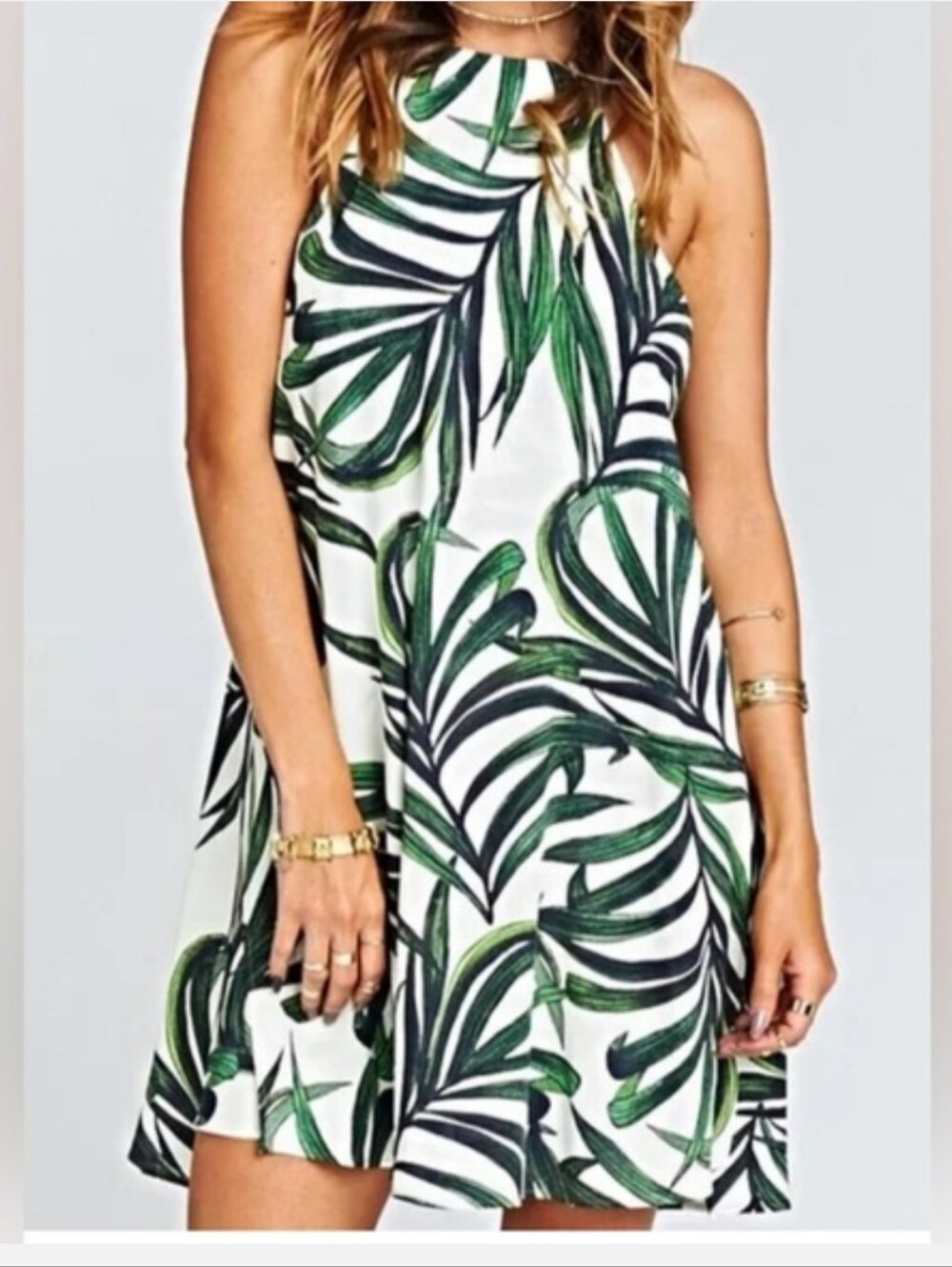 Show Me Your MuMu White Mini Dress with Green Palm Print Tropical